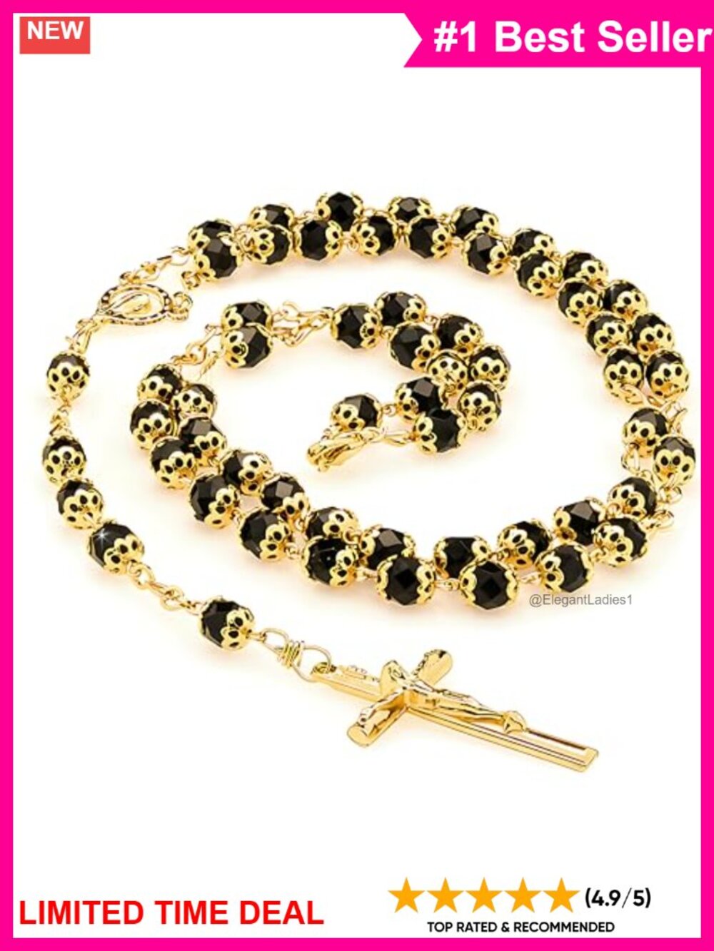 24K Gold Plated Rosary Necklace Catholic Crucifix Black Crystal Prayer Beads